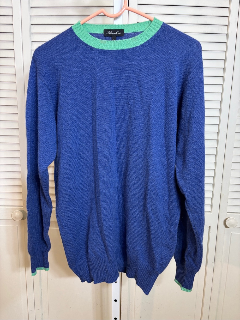Phineas Cole Men's Cashmere Blue Crewneck Sweater with Green Trim Small